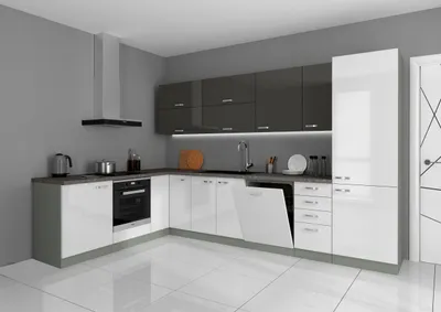 Produktbild von Küche Bianca Ecke V 210x330 Küchenzeile Hochglanz Weiss + Grau Küchenblock Grey