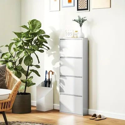 Produktbild von Schuhschrank – Metall, schmal – Wandmontage – Weiß – Mit 4 Türen für 8 Paar Schuhe
