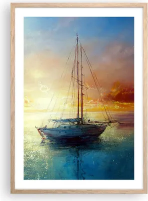 Produktbild von Gerahmtes Poster - Rahmen in heller Eiche - Segelboot Westen die Sonne - 50x70 cm - Wand Bild - Wanddeko - Wandbilder - Wandposter - Bilderrahmen - Bilder - Kunstdruck - Wandbild - P2NPA50x70-4145