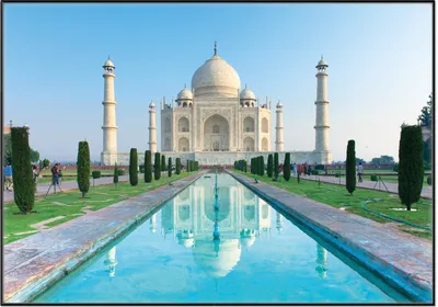 Produktbild von Wallario Wandbild Taj Mahal - Mausoleum in Indien, Größe: 70,30 x 100,30 cm, Poster mit schwarzem Aluminiumrahmen