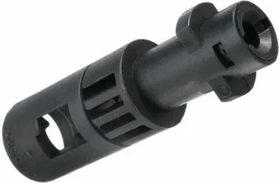 A black plastic adapter for a pressure washer.