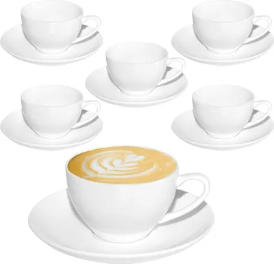 Produktbild von 6 Stück Cappuccino Tassen Set 200 ml, Weiß Kaffeetassen mit Untertassen, Cappuccinotassen Porzellan Spülmaschinenfest Milchkaffee Tassen
