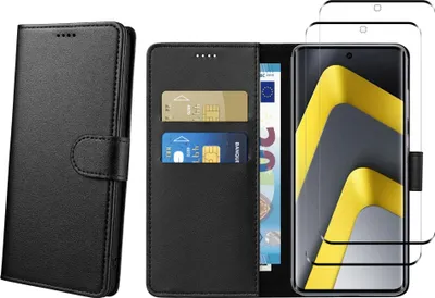 Produktbild von Hülle für Xiaomi POCO M8 5G und 2 gehärtete Gläser – Schwarze Brieftasche mit Klappverschluss und Magnetverschluss zur Aufbewahrung von Karten Phonillico®