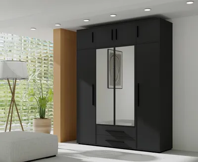 Produktbild von FurMeb24 MAXIONE Kleiderschrank 197,6 x 248,2 cm - mattschwarz - mit spiegel