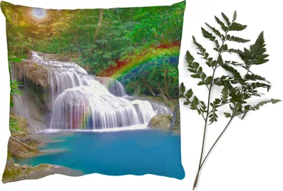 Produktbild von MuchoWow® Zierkissen Sofakissen Wohnzimmer Dekokissen 45x45 cm Regenbogen - Sonne - Wasserfall - Natur - Schlafpolster - Polster für das Sofa