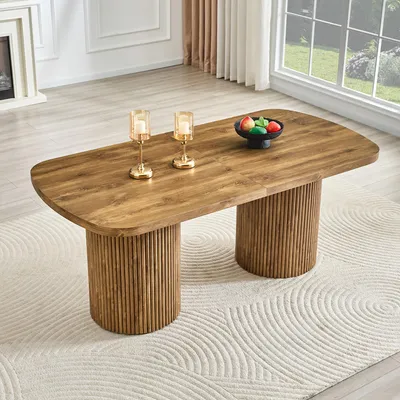 Produktbild von MODFU Esstisch mit Rillenstruktur,Küchentisch mit ovale Tischplatte und Doppelstandfuß,für 6–8 Personen,MDF,Holzfarbe