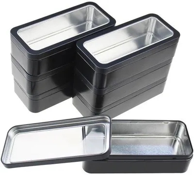 Obrázek produktu pro Obdélníkové kovové krabičky - 7 kusů - s průhlednými víčky - 15 x 7 x 4 cm