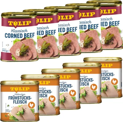 Produktbild von TULIP Bundle Frühstücksfleisch Corned Beef Hähnchen Delikatesse Konserve 10x340g