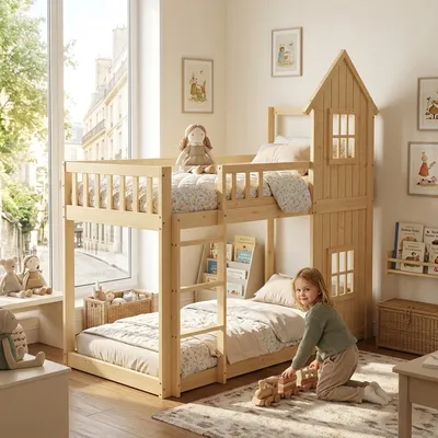 Immagine prodotto di Letto a castello Merax a forma di casetta 90x200 cm con scaletta, letto a castello per bambini con finestre e sponde di protezione, letto a castello in pino e MDF, robusto, finitura naturale