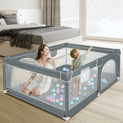 Image de Parc bébé Barrière de sécurité 160x120x66cm avec sac de rangement Filet respirant Base antidérapante Gris foncé