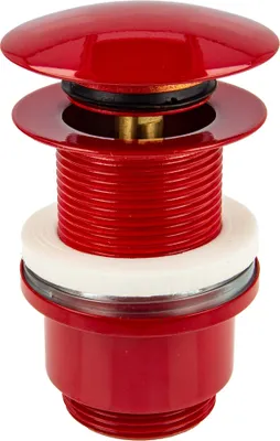 A red pop-up drain assembly for a sink.
