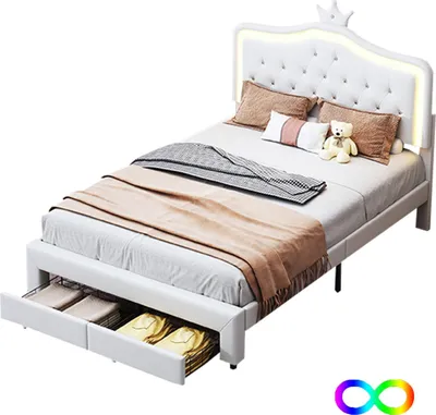 A white bed with a tufted headboard and LED lighting, shown with bedding and pillows, and storage drawers underneath.