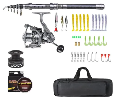 Image de Angelset Télescopique - Canne et moulinet 2,1 m - Kit de voyage portable - Adapté à l'eau salée - Avec hameçons, leurres et sac de transport - Longueur de transport : 50 cm