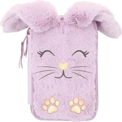 A fluffy purple bunny-shaped pencil case is shown against a white background.