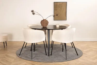 Produktbild von DippØ115BLBL Essgruppe Esstisch schwarz und 4 Berit Esszimmerstühle Velour beige.