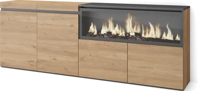 Immagine prodotto di COZY Credenza, Mobile, Cucina, 208x35x75cm, 4 Porte, Camino elettrico XXL, Rovere