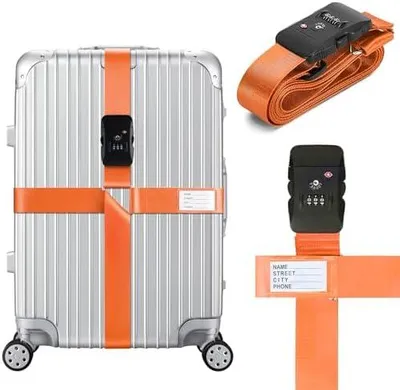 Produktbild von Kreuz Gepäckgurte, Koffergurte mit TSA-Schloss, Verstellbare Kreuzpackgurte, Gepäckgurte mit Namensschildern, Auffälliges und Sicheres Reisezubehör zur Schnell Erkennen (Orange)