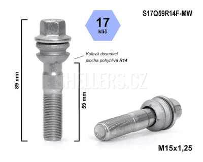 Obrázok produktu pre Skrutka s kolieskom M15x1,25x59, guľôčková skrutka R14, pohyblivé čelo, kľúč 17, S17Q59R14F-MW, výška 89 mm