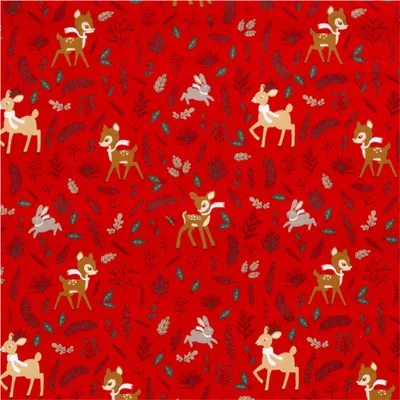 Weihnachtsstoff Dekostoff Baumwolle Tiere im Winterwald ab 1x1,45m Oeko-Tex 100 rot