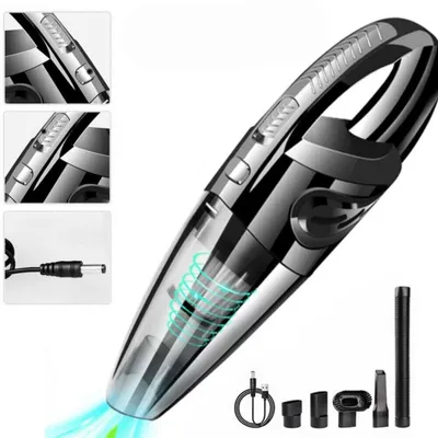 A handheld vacuum cleaner with various attachments and a charging cable, displayed on a white background.