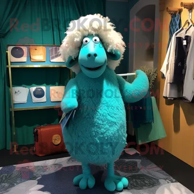 Produktbild von Cyan-Merino-Schaf REDBROKOLY Maskottchen Kostüm figur bekleidet mit einem Empire-Taillenkleid und Geldbörsen