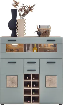 Obrázek produktu pro Barschrank >Kathlin< Barfach, Stauraum, LED, schilfgrün / Eiche Imitace - 120x129x37 (BxHxT)