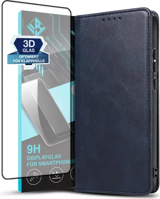 Produktbild von Handyhülle für Xiaomi Redmi Note 13 Pro+ 5G mit 9H Displayglas Kunstleder Flip Cover Hülle Handytasche Case Kartenfach Farbe: Blau