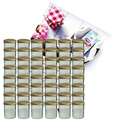 Image de lot de 48 pots à confiture en verre To 82 avec couvercle doré, livret de recettes compris