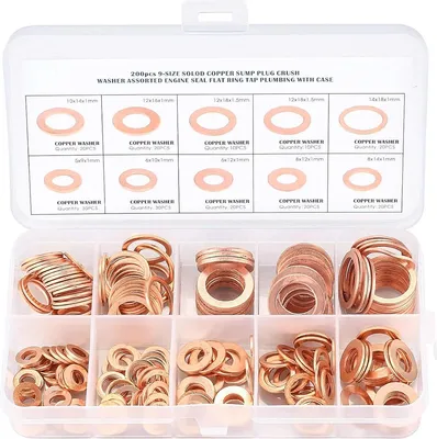 Obrázek produktu pro Měděné podložky, těsnicí kroužky, ploché podložky, O-kroužky s úložným boxem na těsnění – 200 kusů/M5 M6 M8 M10 M12 M14