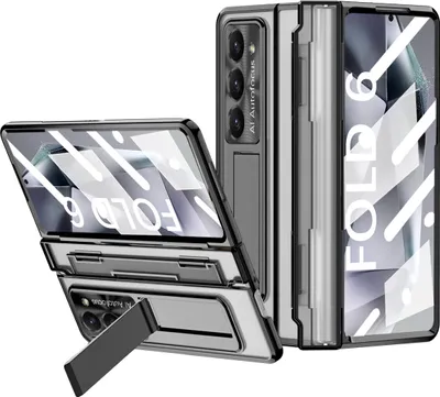 Produktbild von Hülle für Samsung Galaxy Z Fold 6 mit Displayschutz & Objektivschutz Transparent Galvanisierte Ständer Schutzhülle Schwarz