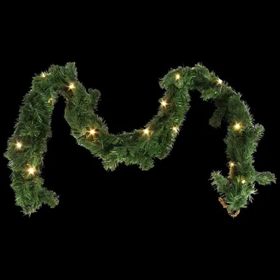 A green Christmas garland with lights on a black background.