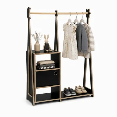 Image de Porte-manteau enfant avec tringle à vêtements et rangement, Penderie Montessori, Noir - leg&go