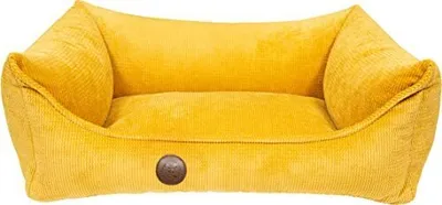 A yellow dog bed is shown against a white background.