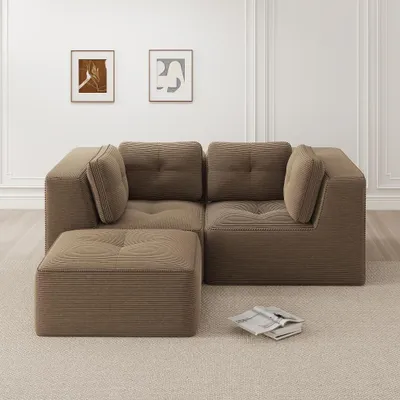Imagen del producto de Sofá modular de esquina, color marrón, diseño en forma de L sin marco, con reposapiés ajustable, sofá de 2 plazas tapizado en tela de pana, resistente a arañazos y sin necesidad de montaje, dimensiones: 208x177 cm