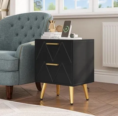 Produktbild von Nachttisch mit 2 Schubladen, 2 USB-Anschlüssen und Steckdosen, Nachttisch mit goldenen Metallbeinen und Griffen, Beistelltisch mit Stauraum für Wohnzimmer, Schlafzimmer, 40 x 30 x 52 cm, Schwarz