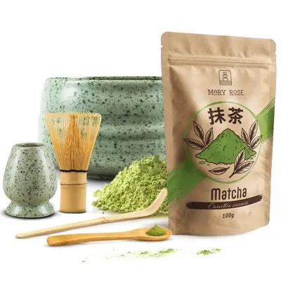 Produktbild von Mary Rose - Matcha Tee Set 100g - Pulver Grüner Tee - Keramik Grün mit Punkten Rokku Schale 500ml, Kusenaoshi Besenhalter - Bambus Chasen Besen