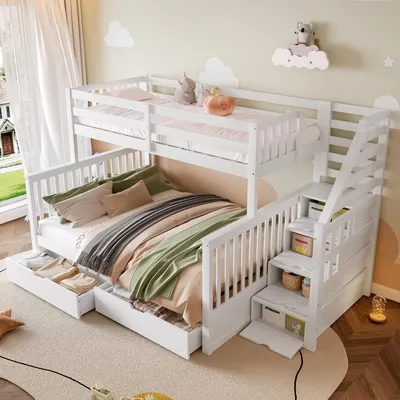 A white bunk bed with stairs and storage drawers in a child's bedroom.