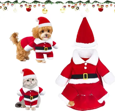 Productafbeelding van Kerstkostuum voor honden en katten in rood met witte kraag, maat M, met drukknopen