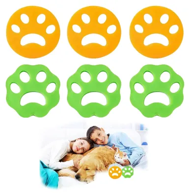 A collage showing pet hair remover discs and a family with their pets.