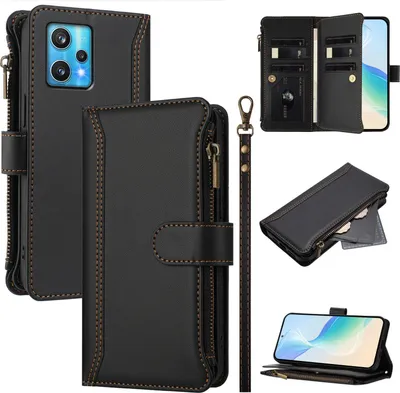 Image de Étui pour Realme 9 4G/Realme 9 Pro+/Realme Narzo 50 Pro, zippé, étui portefeuille en cuirPolyuréthaneà rabat avec poches pour cartes, support et boucle pour la main noir