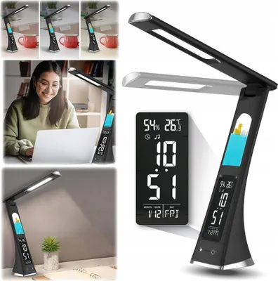 Immagine prodotto di Lampada da tavolo pieghevole, lampada da notte, orologio LED con schermo, nera con motivo