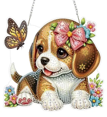 Produktbild von 5D Diamant Malerei Hängendes Ornament Kit Beagle Schmetterling Fensterbild Beidseitig mit Kette 19.8x18.6cm Braun Weiß Blau