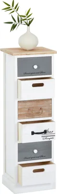 Produktbild von Kommode SALVA aus leichtem Paulowinaholz, weiß - schmaler Schubladenschrank, Shabby Chic Standregal Aufbewahrungsregal im Vintage Look, 6 Schubladen