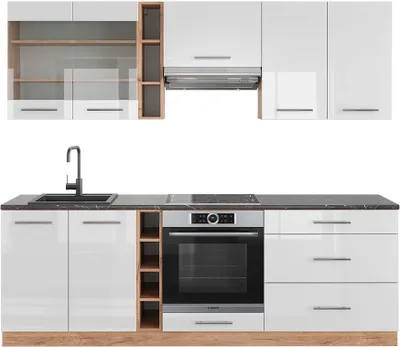 Zdjęcie produktu dla Szafka kuchenna Vicco Fame-Line Biały wysoki połysk/złoty dąb power 235 cm , BP Antracyt, Model 42587