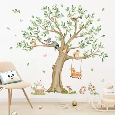 Zdjęcie produktu dla Naklejki na ścianę z dużym motywem zwierzęcia i drzewami – kolor zielony – 4 elementy, wymiary 30x90 cm – dekoracja ścienna do pokoju dziecięcego