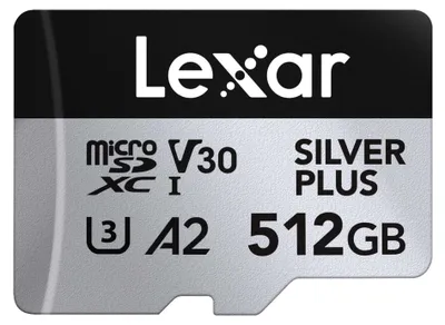 A close-up view of a Lexar Professional Silver Plus 512GB MicroSDXC memory card.