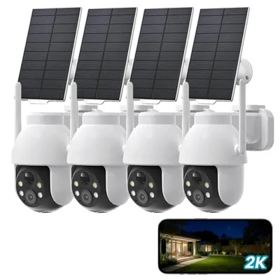 Produktbild von 2K Solar Überwachungskamera Aussen Akku Kamera Outdoor mit 360°Überwachung Automatischer Personenverfolgung Farbe Nachtsicht Licht und Tonalarm 4PC