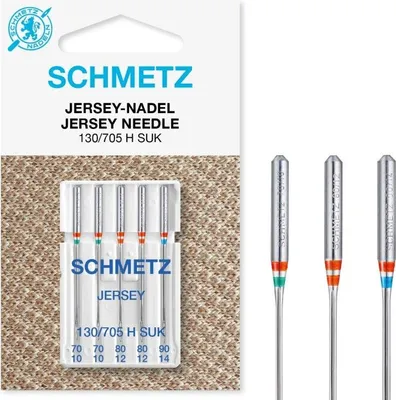 A package of Schmetz Jersey sewing needles, along with three individual needles.