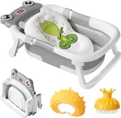 Produktbild von Baby Badewanne Faltbare Babybadewanne mit Thermometer, Klappbare Tragbare Neugeborenen kinderbadewannen für Babys von 0-36 Monaten, Grau 02