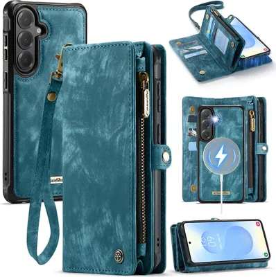 Produktbild von Schutzhülle für Samsung Galaxy S26+, Vintage Multifunktions Lederhülle, Kartenfächer, Reißverschluss Hülle Blau